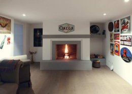 Offenes Cheminée, mit Biberschwanzziegelfeuerung und Bollinger Sandstein-Verkleidung, Private Smokinglounge, Bäretswil, ZH