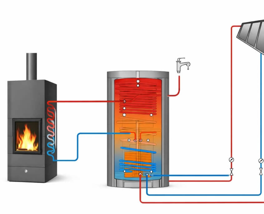 Ofenheizung (wellflamm Speicherofen) eingebunden in Haustechnik (Pufferspeicher, Brauchwarmwasser und Solaranlage) Grafik: 2026